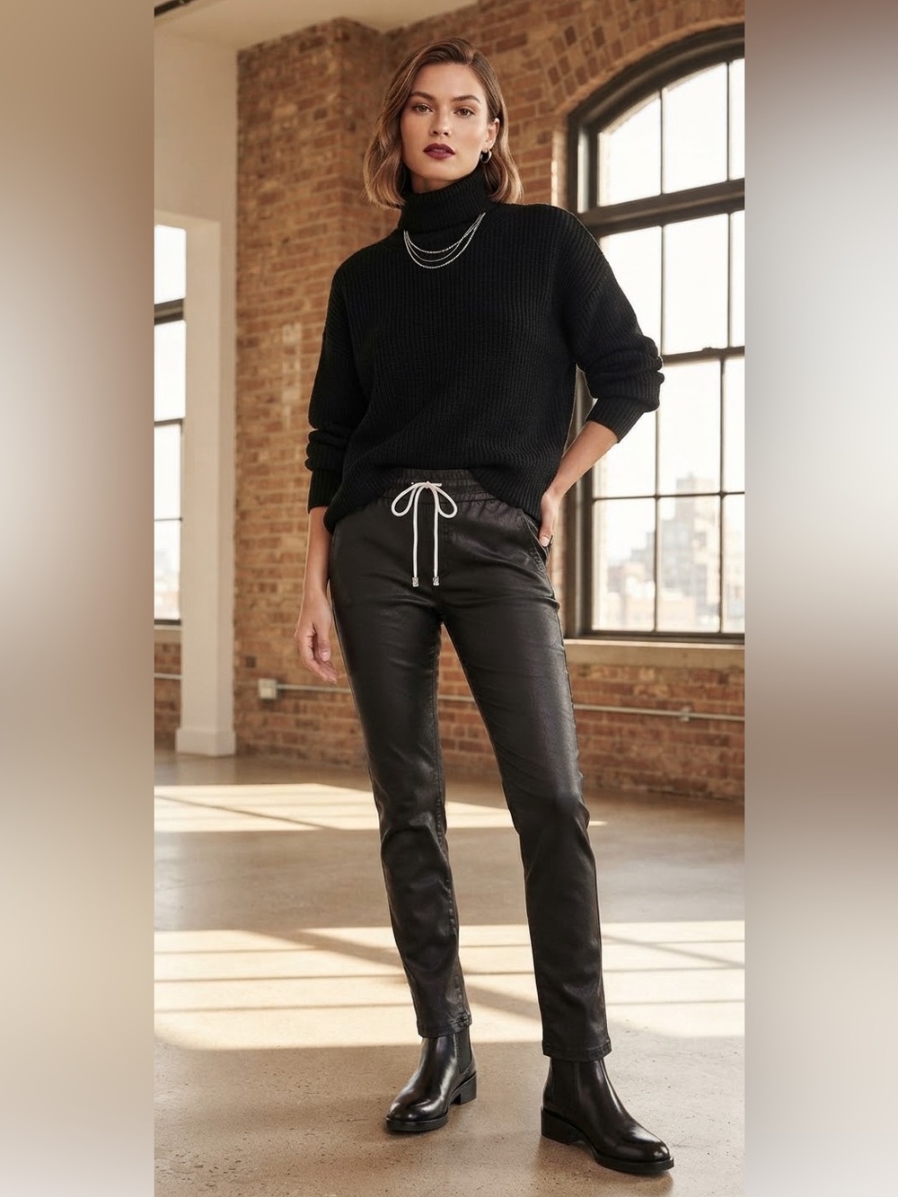 Bevy Flog Shely Vegan Leather Pants Black Size 27 With Crystal Drawstring RARE